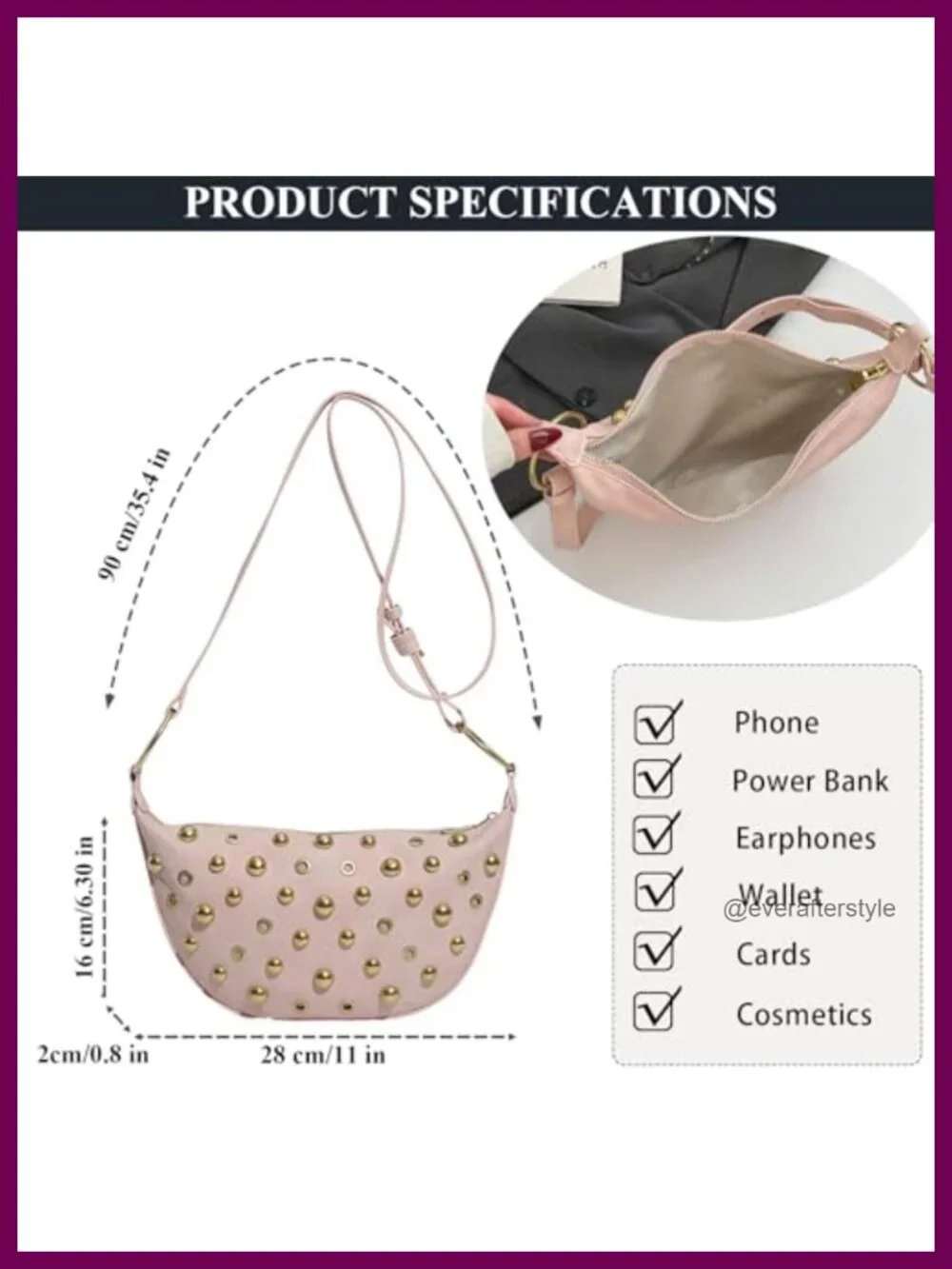 Vintage Studded Faux Leather Hobo Crescent Crossbody Bag Y2K Shoulder Purse